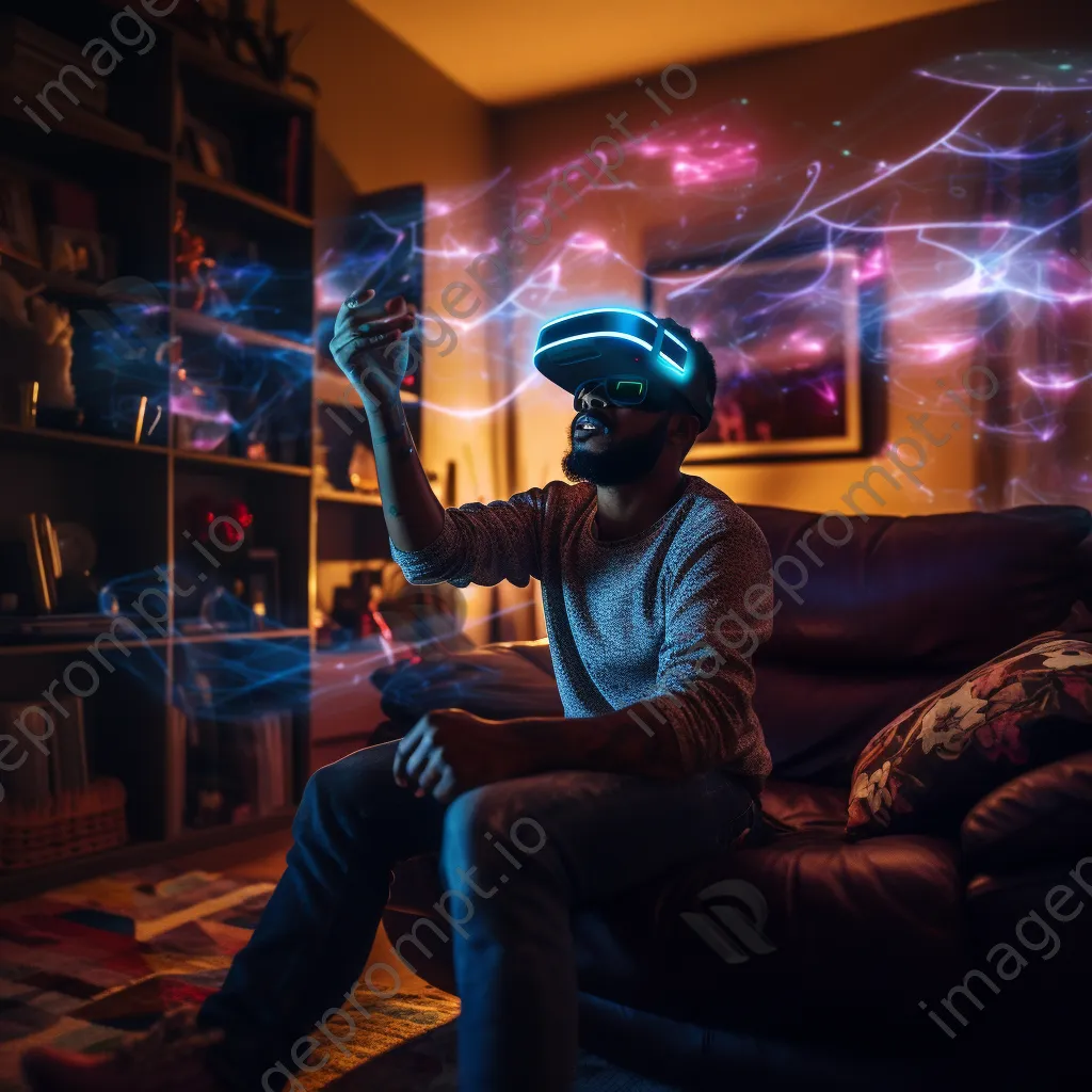 Man using AR glasses for VR experience in bright living room - Image 2