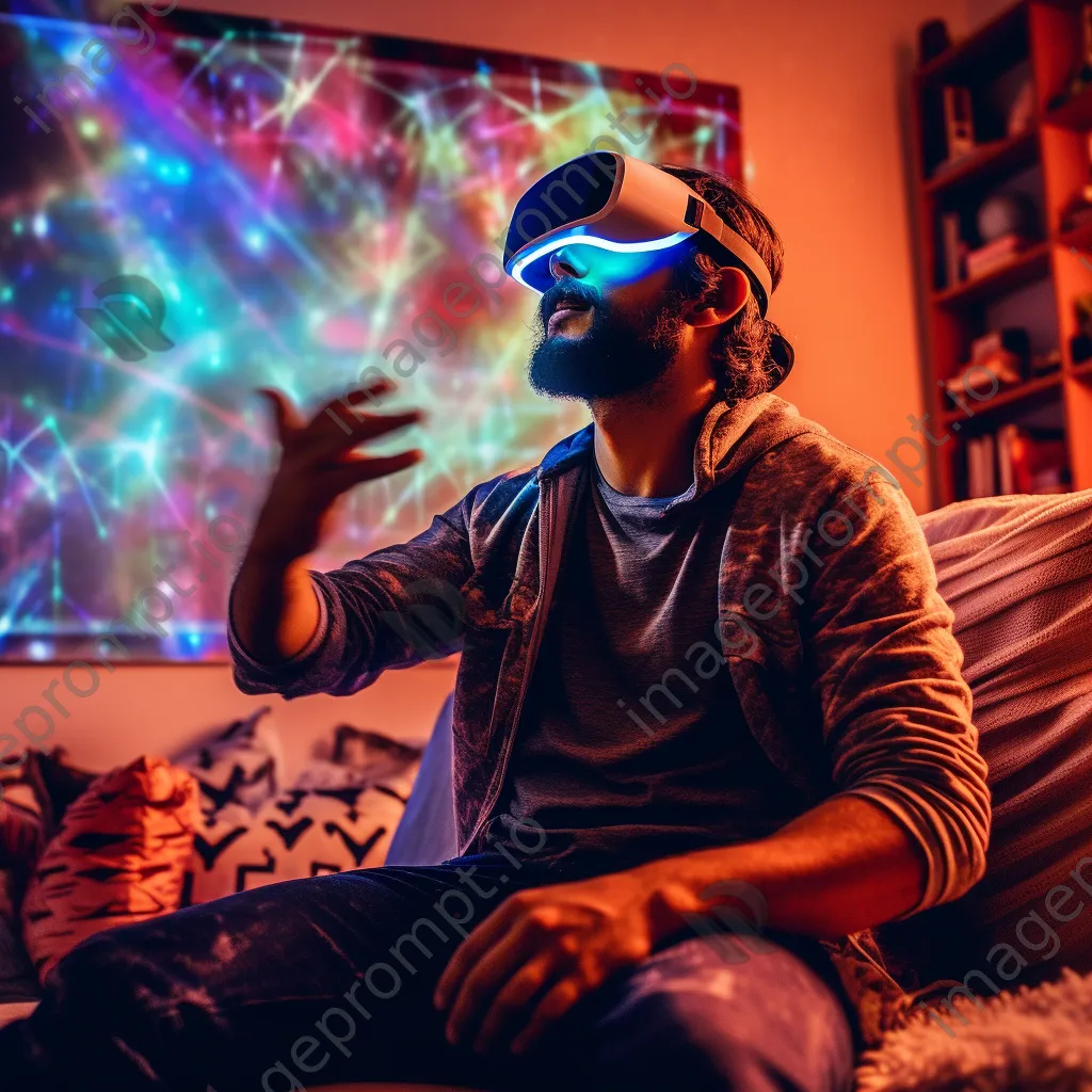 Man using AR glasses for VR experience in bright living room - Image 3