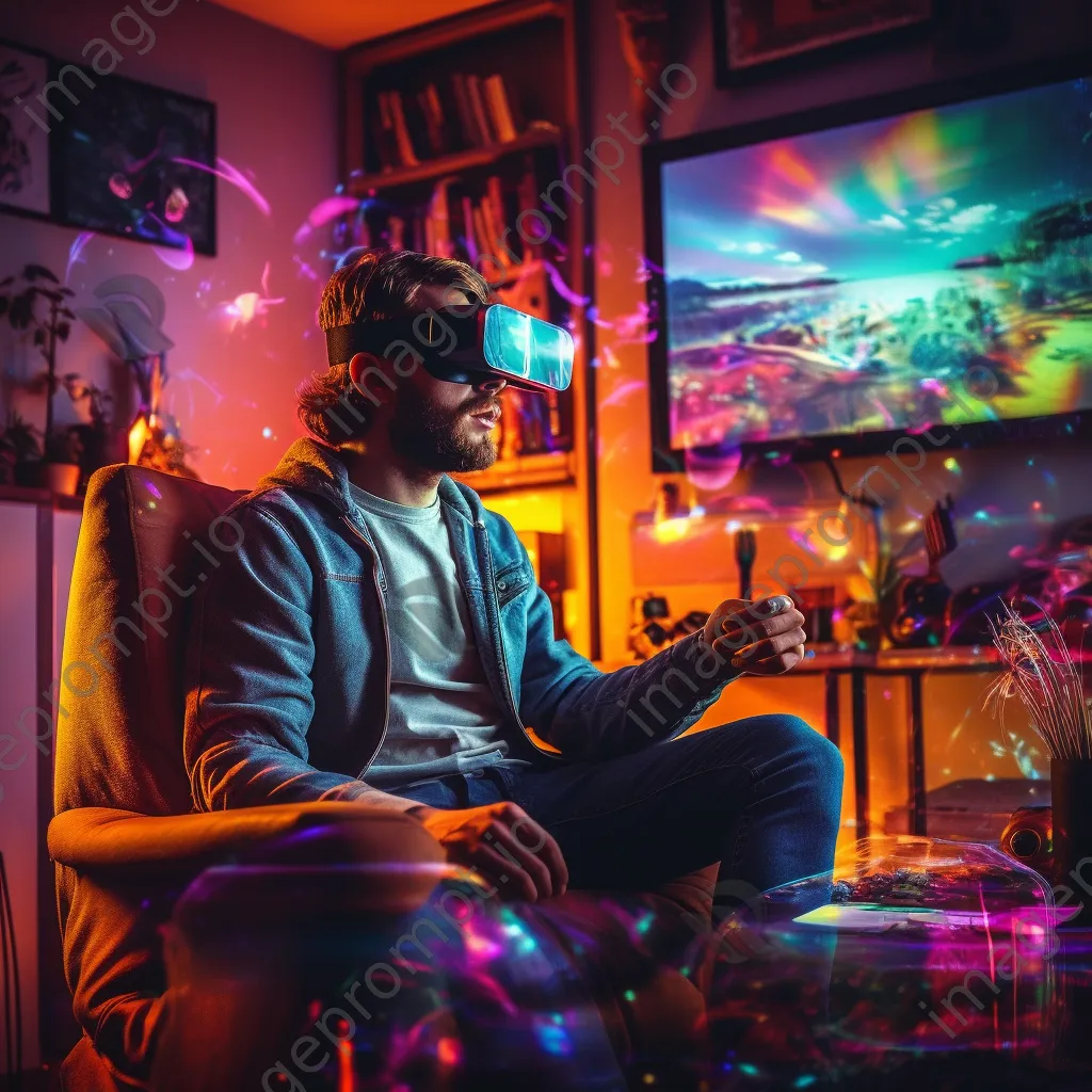 Man using AR glasses for VR experience in bright living room - Image 4