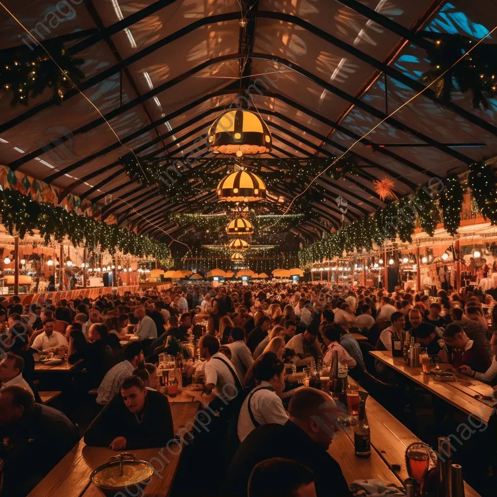 Oktoberfest beer tents with traditional decor and lively crowds - Image 1