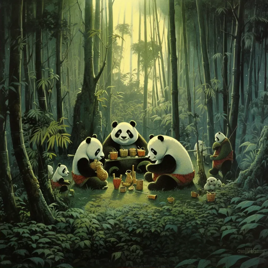 View of a dense bamboo forest with pandas munching on bamboo shoots - Image 2