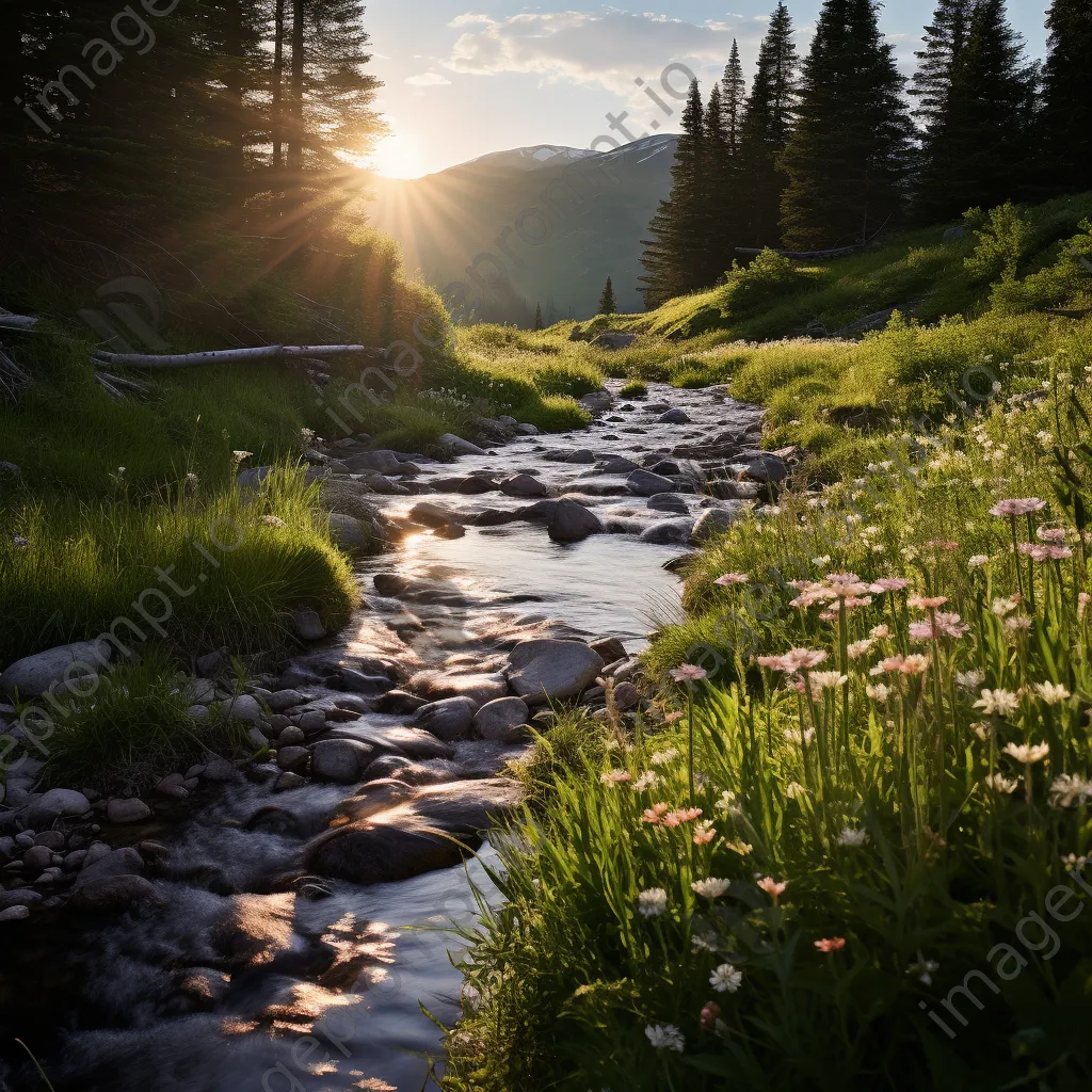 Alpine stream bordered by wildflowers - Image 1