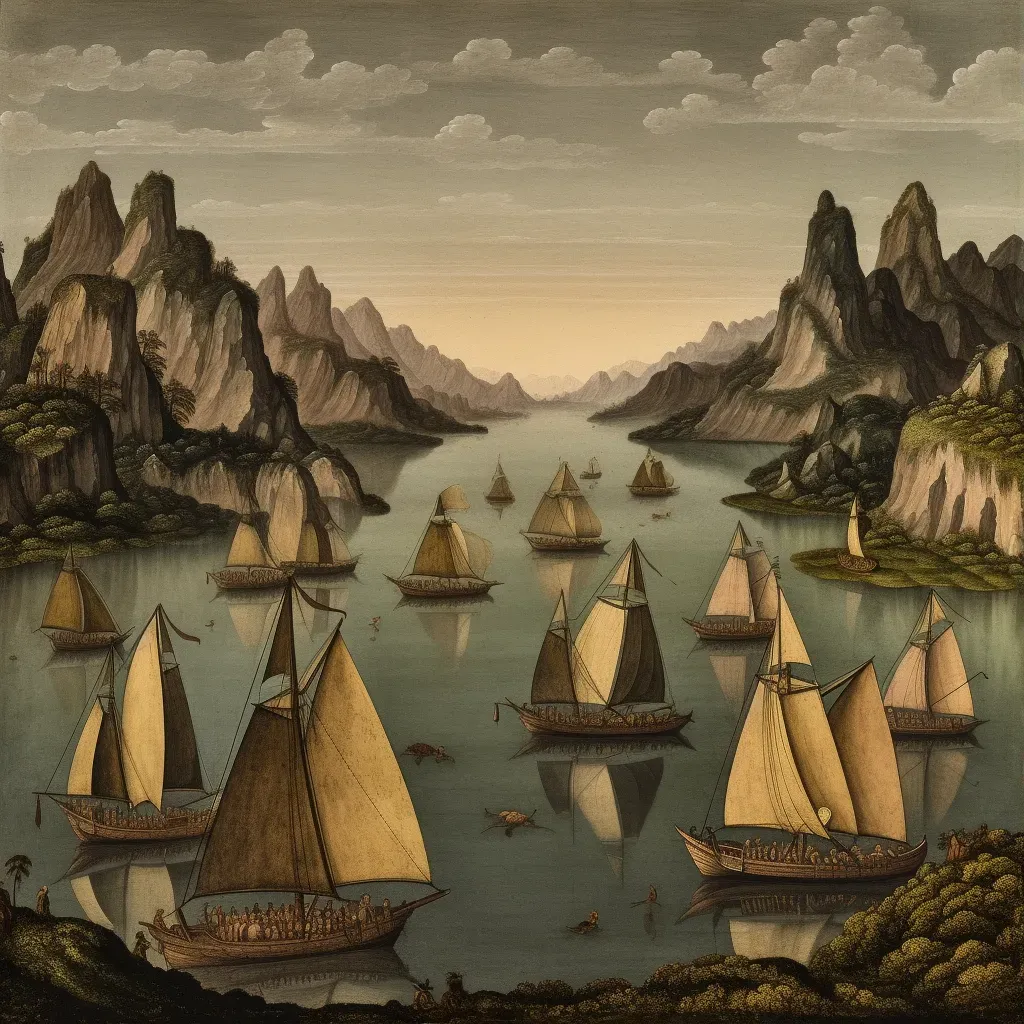 Sailboats in serene lake surrounded by mountains - Image 1