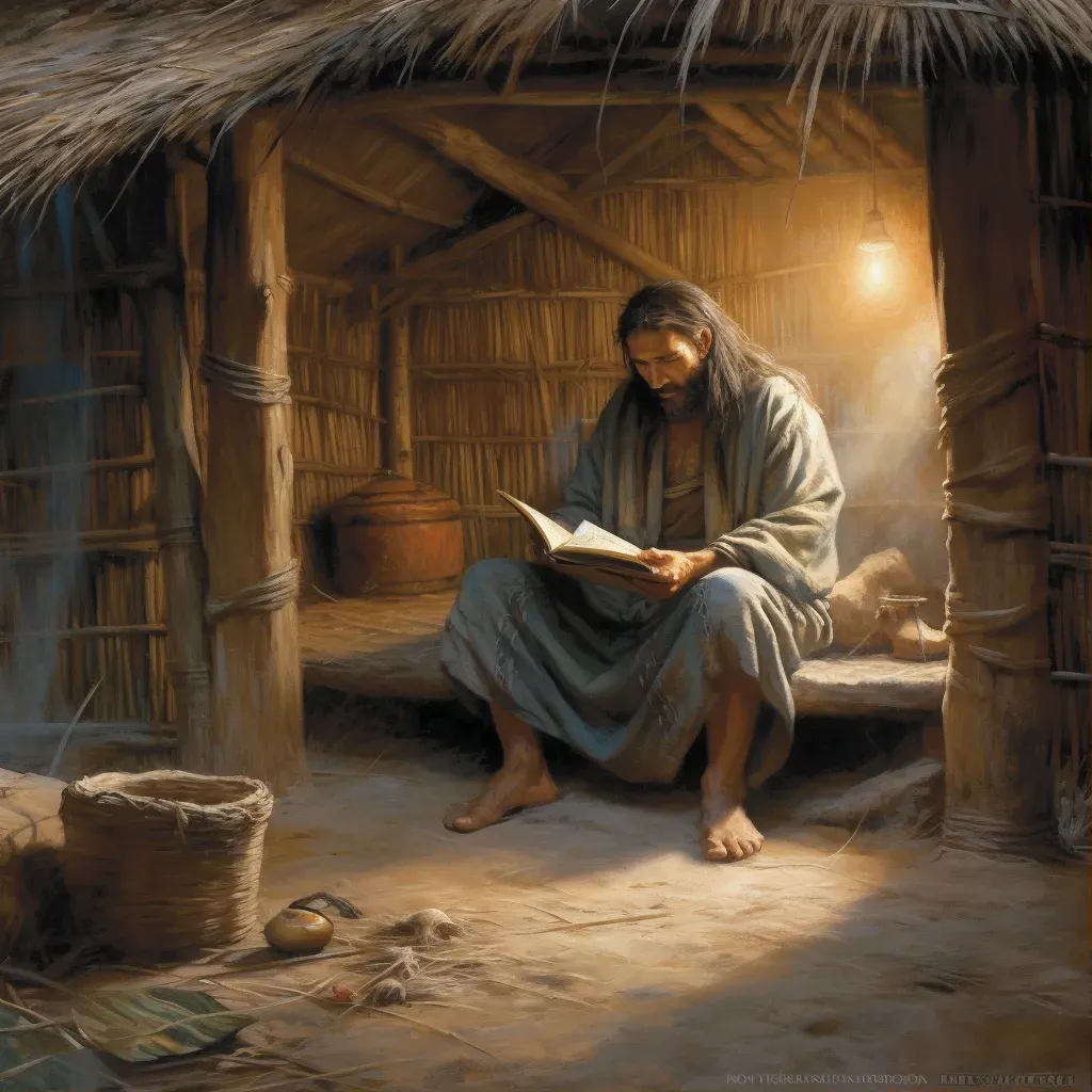 Image of a sage reading in a tranquil hut - Image 1