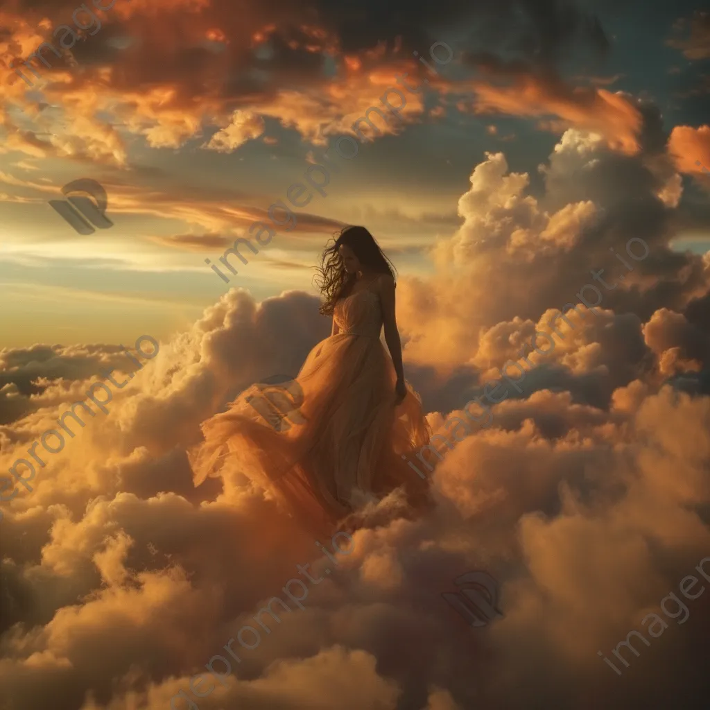 A woman in a flowing dress walking on clouds with a colorful sunset backdrop. - Image 1