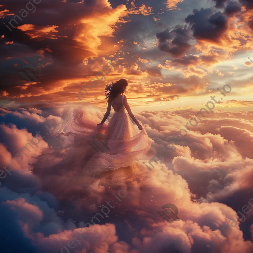 A woman in a flowing dress walking on clouds with a colorful sunset backdrop. - Image 2