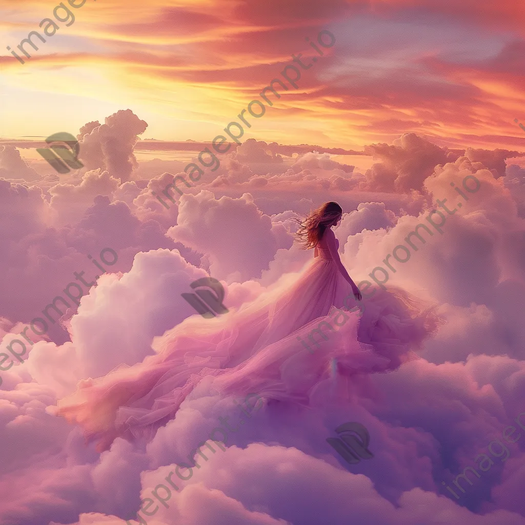 A woman in a flowing dress walking on clouds with a colorful sunset backdrop. - Image 4