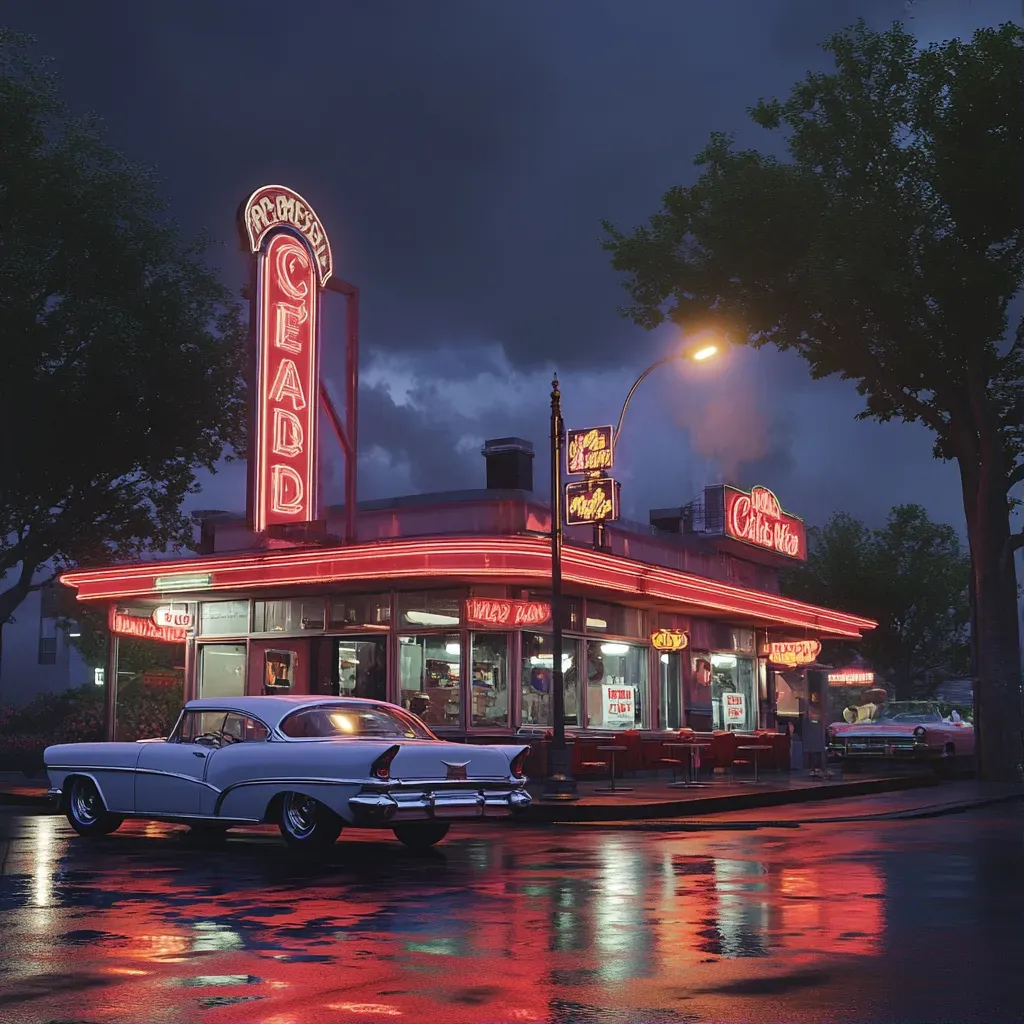 Photorealistic painting of a classic 1950s diner at night - Image 1