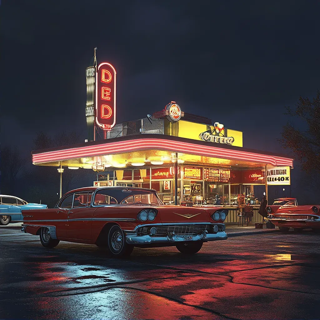 Photorealistic painting of a classic 1950s diner at night - Image 2