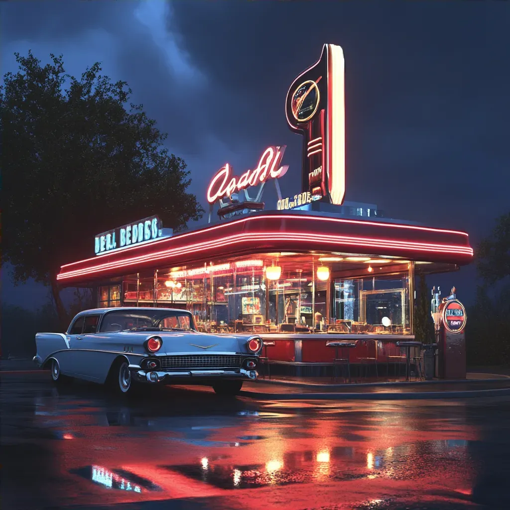 Photorealistic painting of a classic 1950s diner at night - Image 4