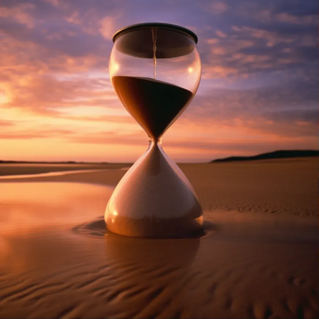 Artistic representation of an hourglass with sand flowing upwards against a surreal sunset - Image 1