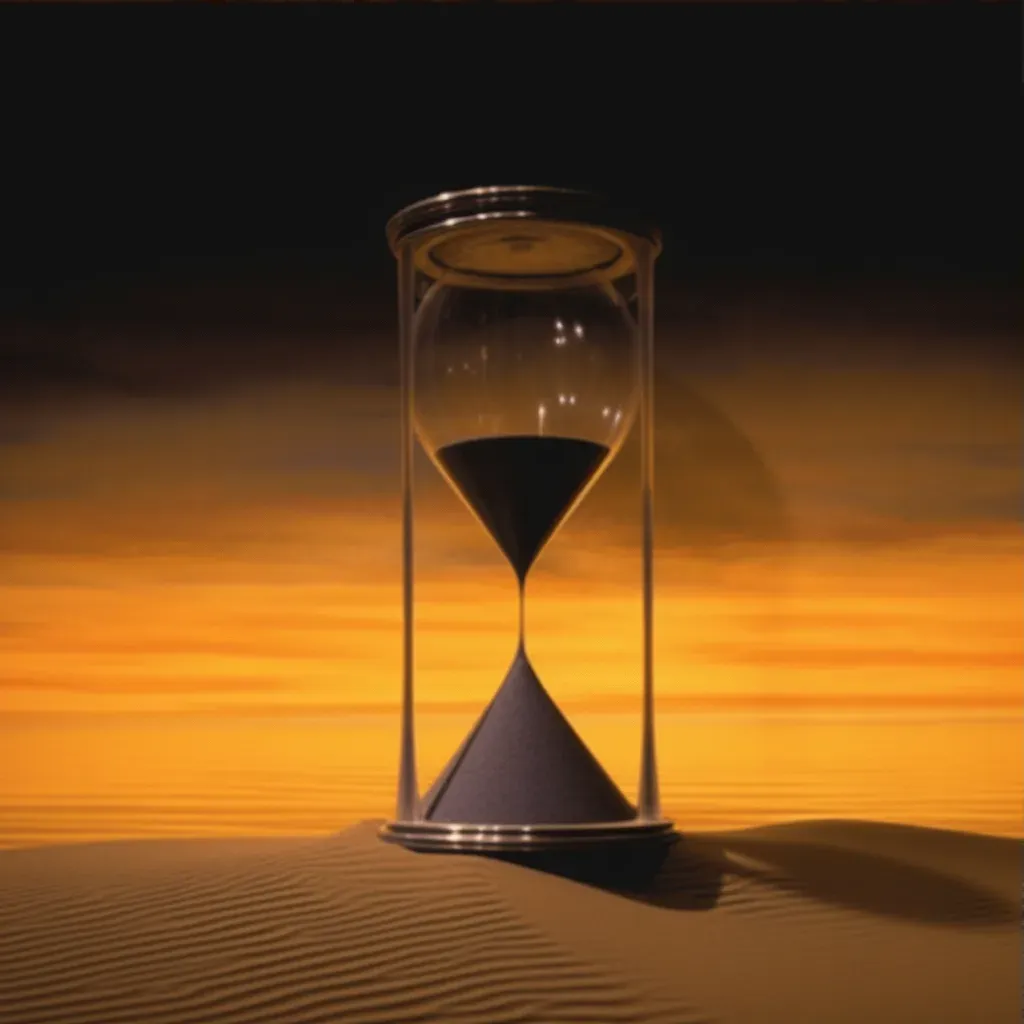 Artistic representation of an hourglass with sand flowing upwards against a surreal sunset - Image 3