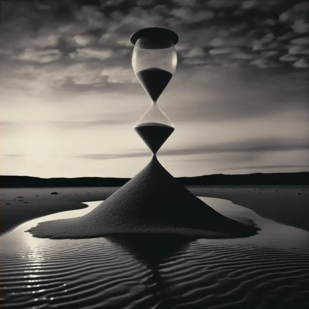 Artistic representation of an hourglass with sand flowing upwards against a surreal sunset - Image 4