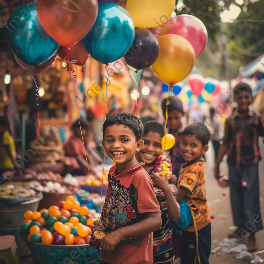 Happy children playing among colorful stalls and balloons at a busy street bazaar. - Image 1