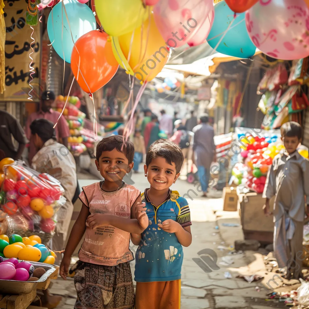 Happy children playing among colorful stalls and balloons at a busy street bazaar. - Image 2