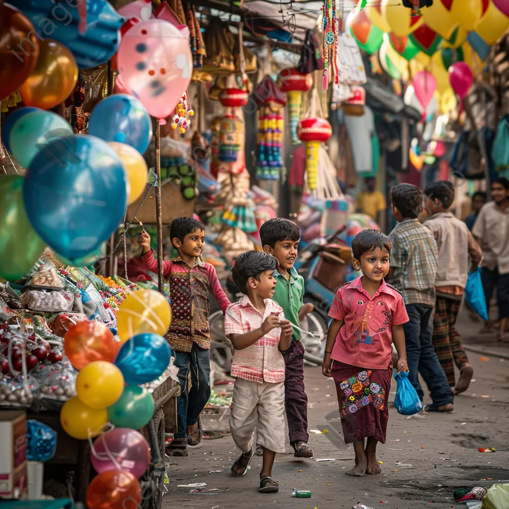 Happy children playing among colorful stalls and balloons at a busy street bazaar. - Image 3