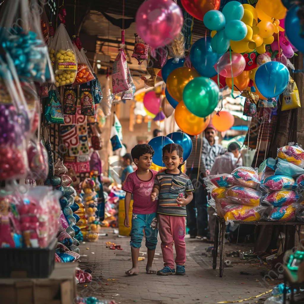 Happy children playing among colorful stalls and balloons at a busy street bazaar. - Image 4