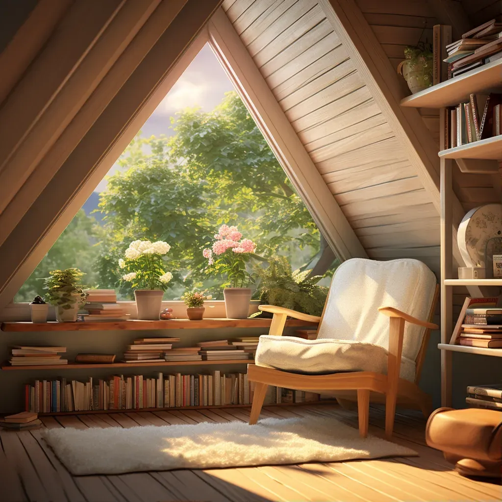 Sunlit attic room with reading chair and garden view - Image 1