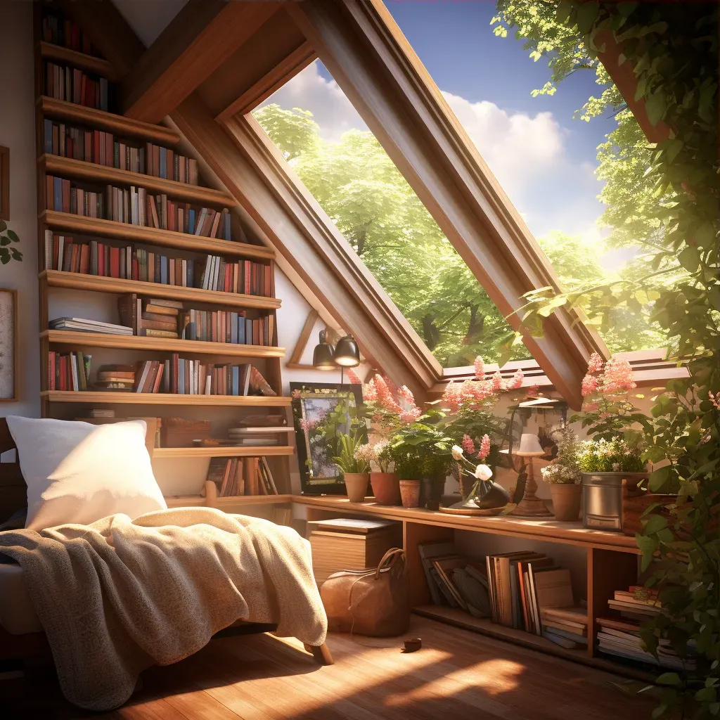 Sunlit attic room with reading chair and garden view - Image 3