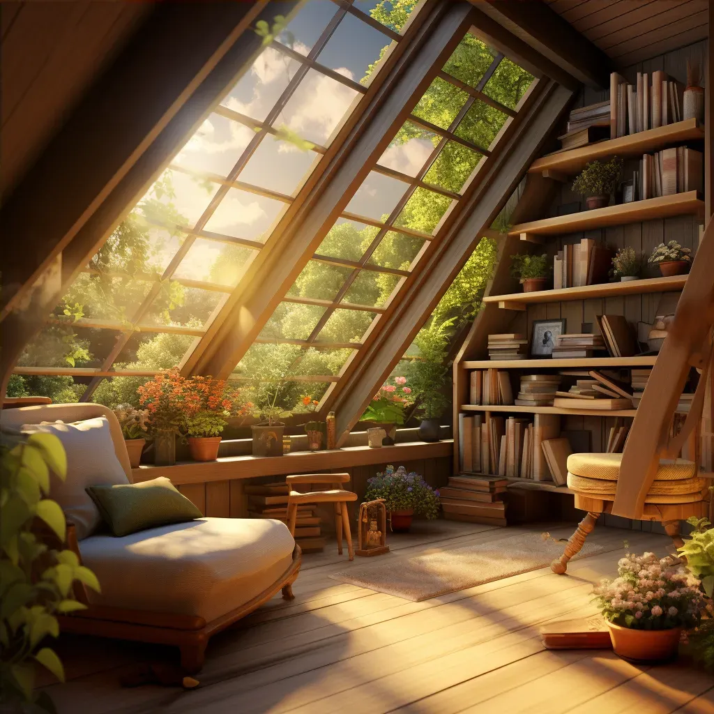 Sunlit attic room with reading chair and garden view - Image 4