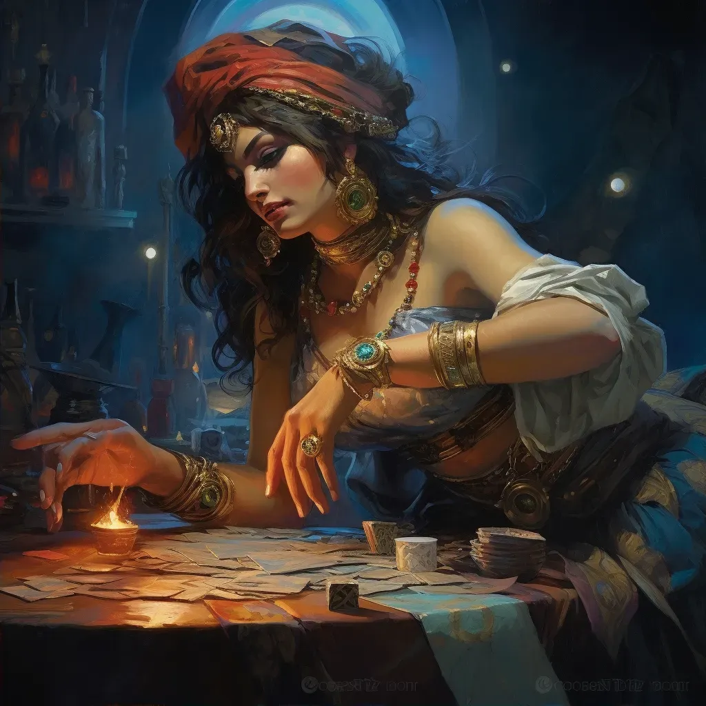 Image of a gypsy woman laying out colorful fortune-telling cards on a moonlit table - Image 2