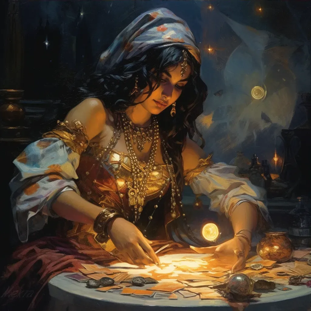 Image of a gypsy woman laying out colorful fortune-telling cards on a moonlit table - Image 3