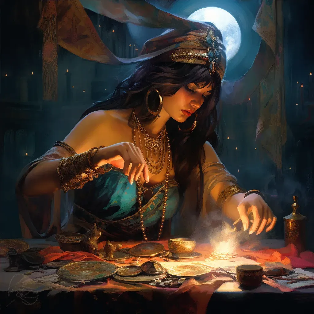 Image of a gypsy woman laying out colorful fortune-telling cards on a moonlit table - Image 4