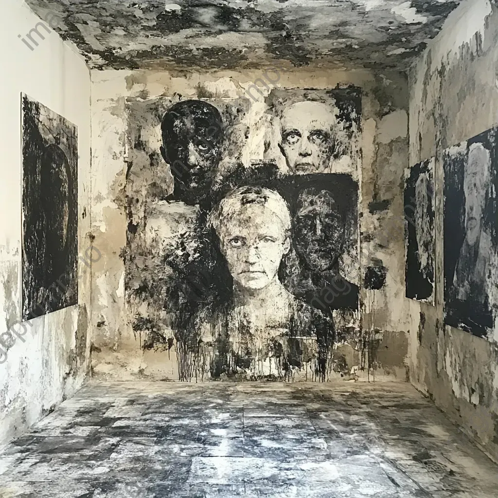 Mixed media representation of decayed portraits within a forgotten gallery - Image 3