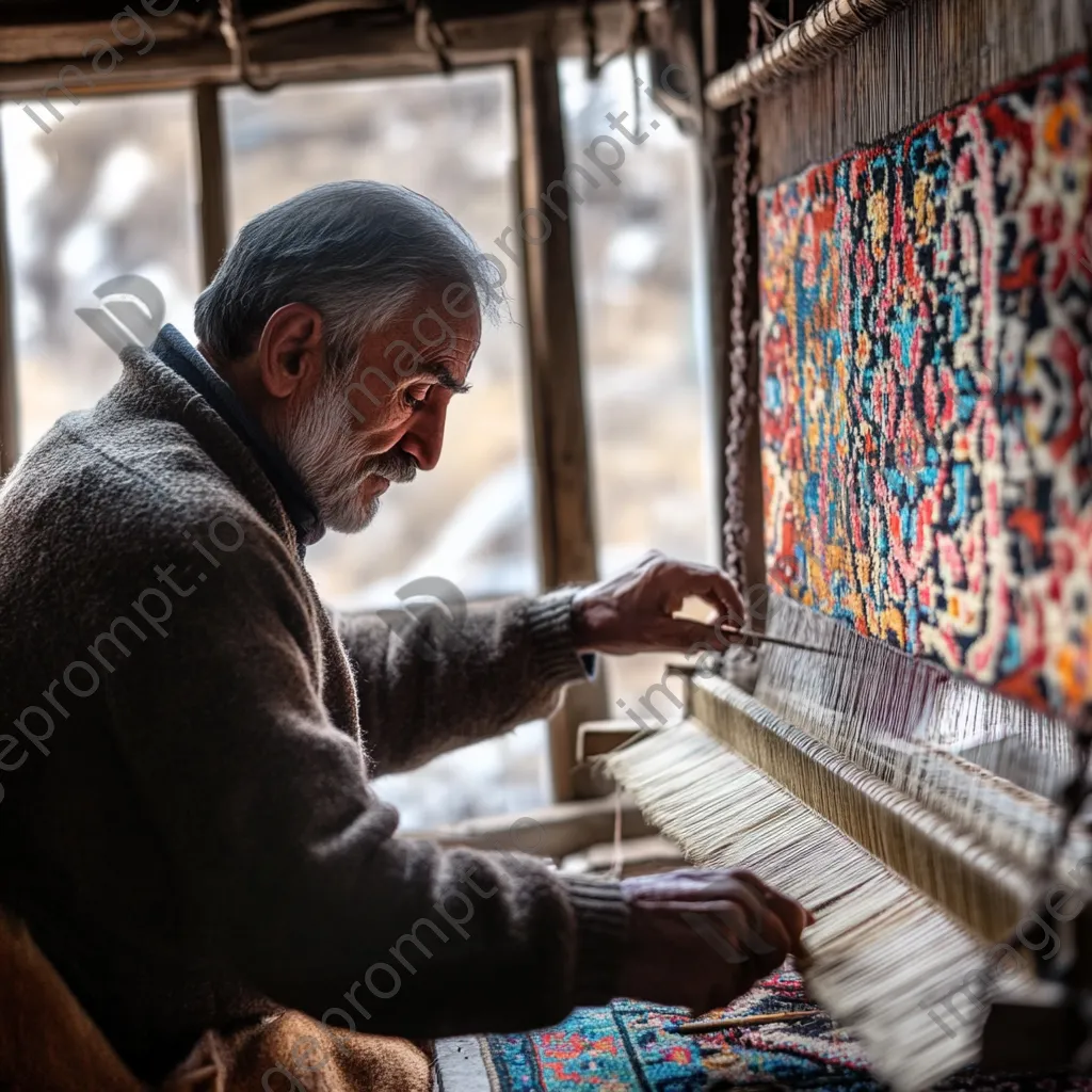 Artisan weaving a colorful Persian carpet on a traditional loom. - Image 1