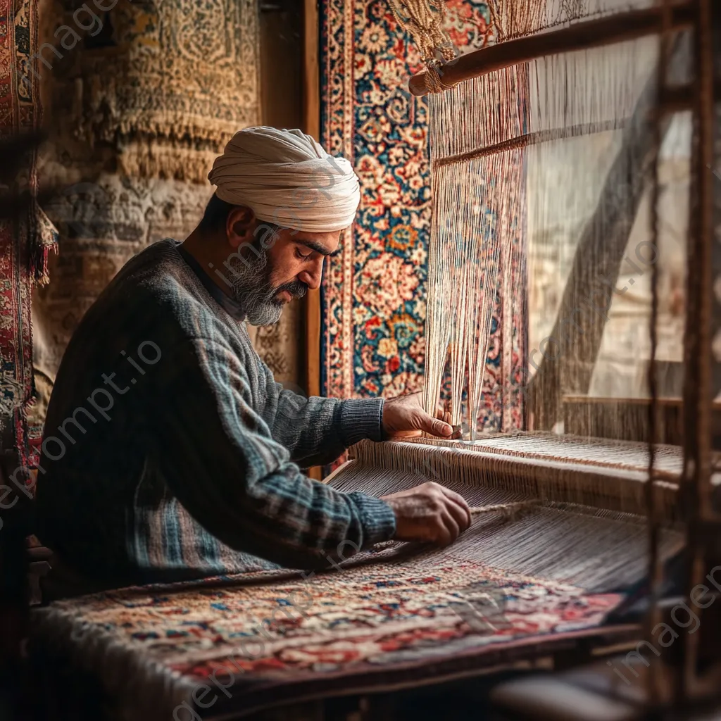 Artisan weaving a colorful Persian carpet on a traditional loom. - Image 2