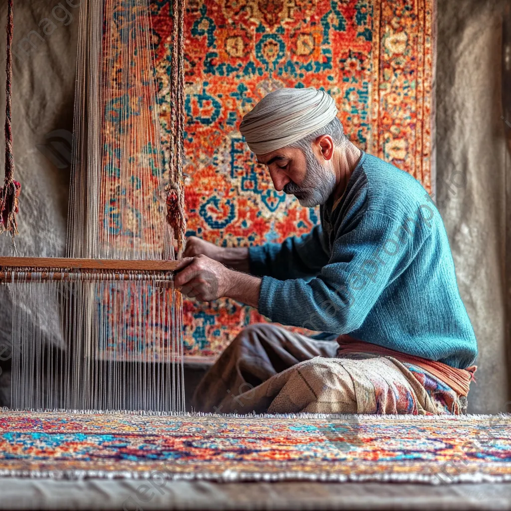 Artisan weaving a colorful Persian carpet on a traditional loom. - Image 3