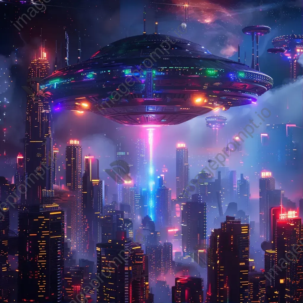 Spaceship hovering over futuristic city skyline - Image 1