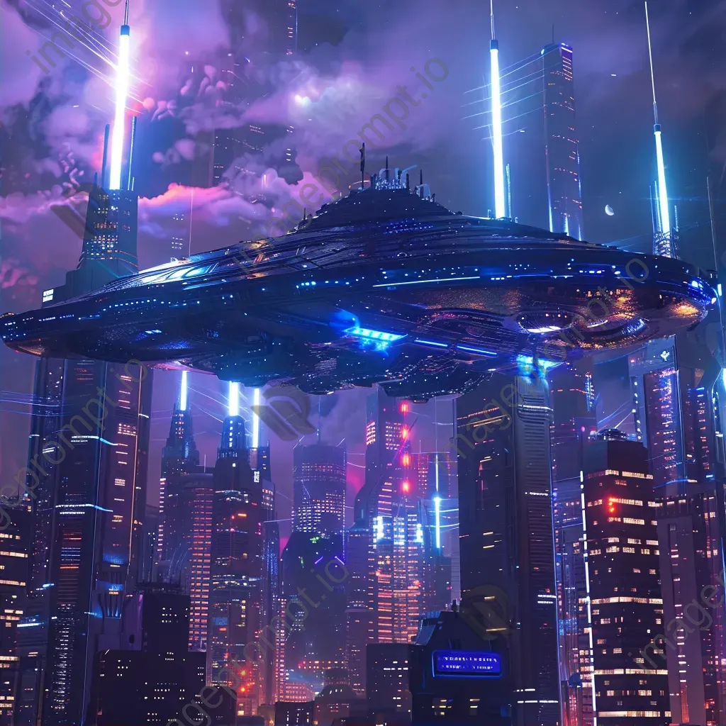 Spaceship hovering over futuristic city skyline - Image 2