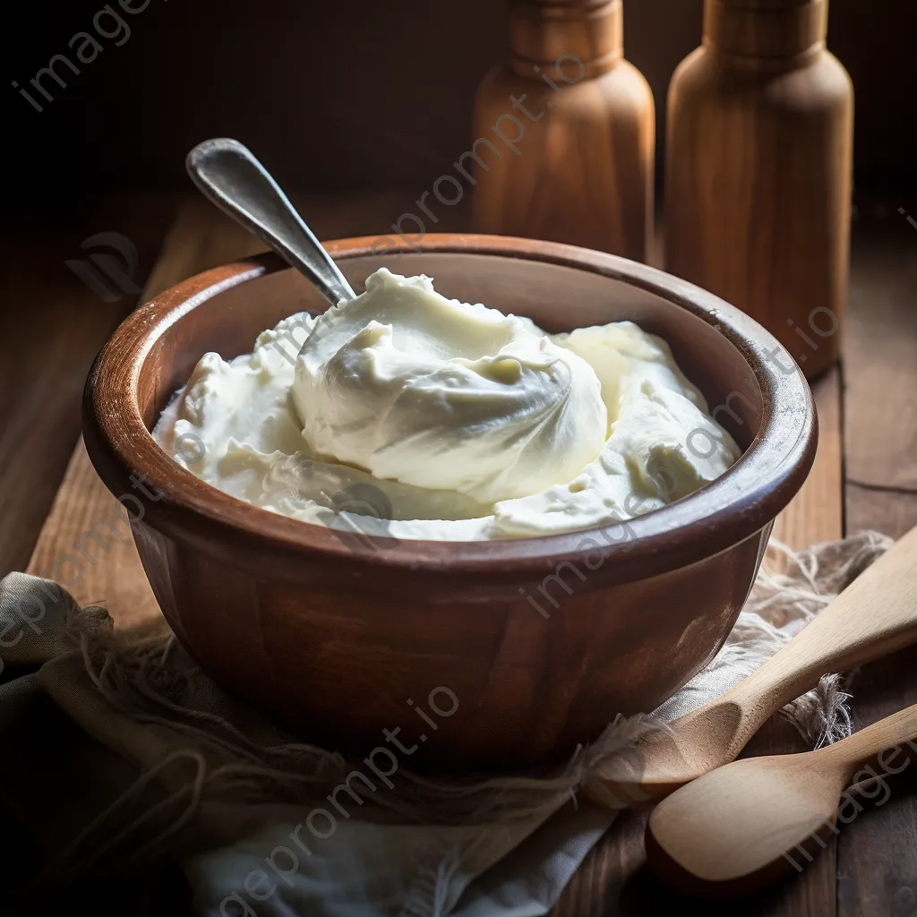 Overhead view of fresh cream being whipped into butter in a wooden bowl with vintage utensils - Image 1