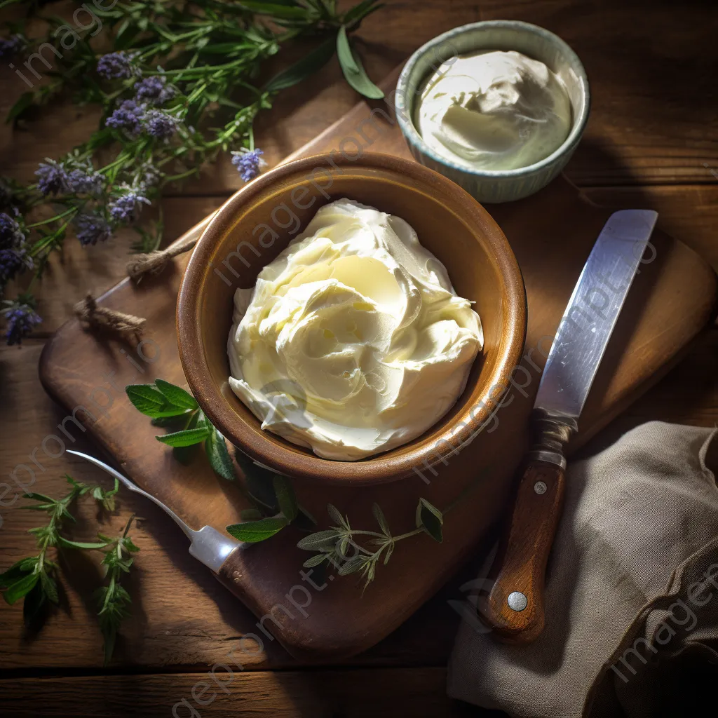 Overhead view of fresh cream being whipped into butter in a wooden bowl with vintage utensils - Image 2