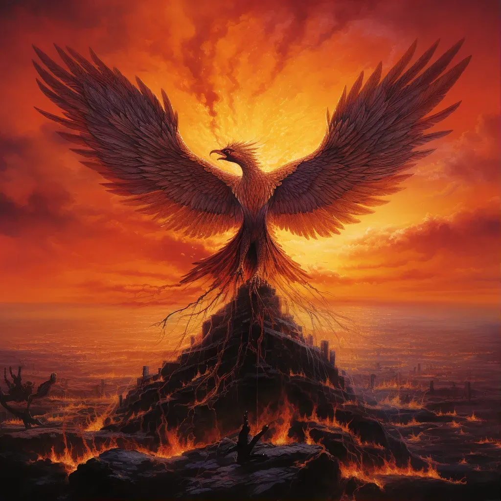 Phoenix rising against fiery sunset - Image 1