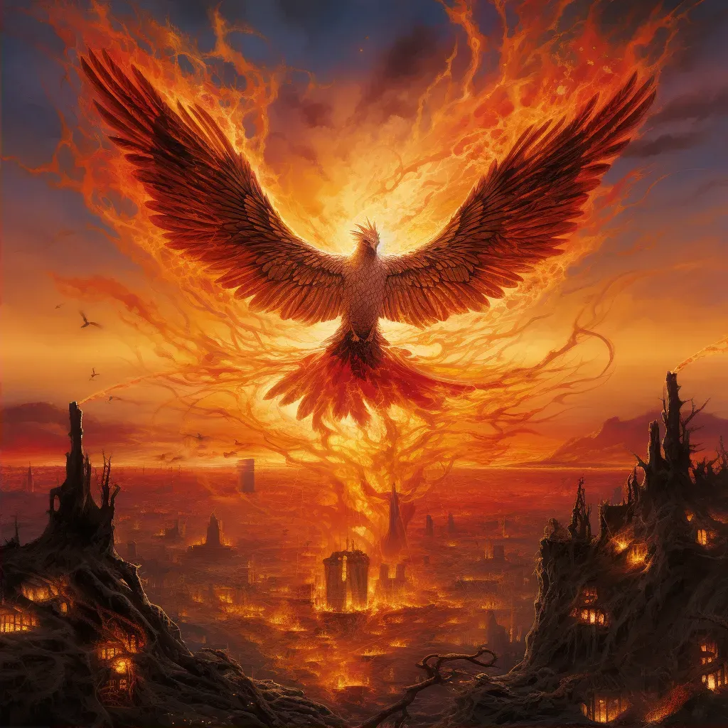 Phoenix rising against fiery sunset - Image 2