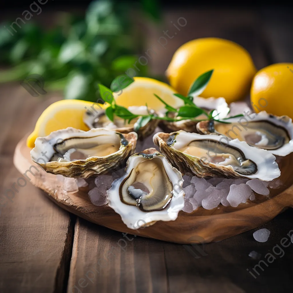 Close-up of freshly shucked oysters on a wooden table - Image 1