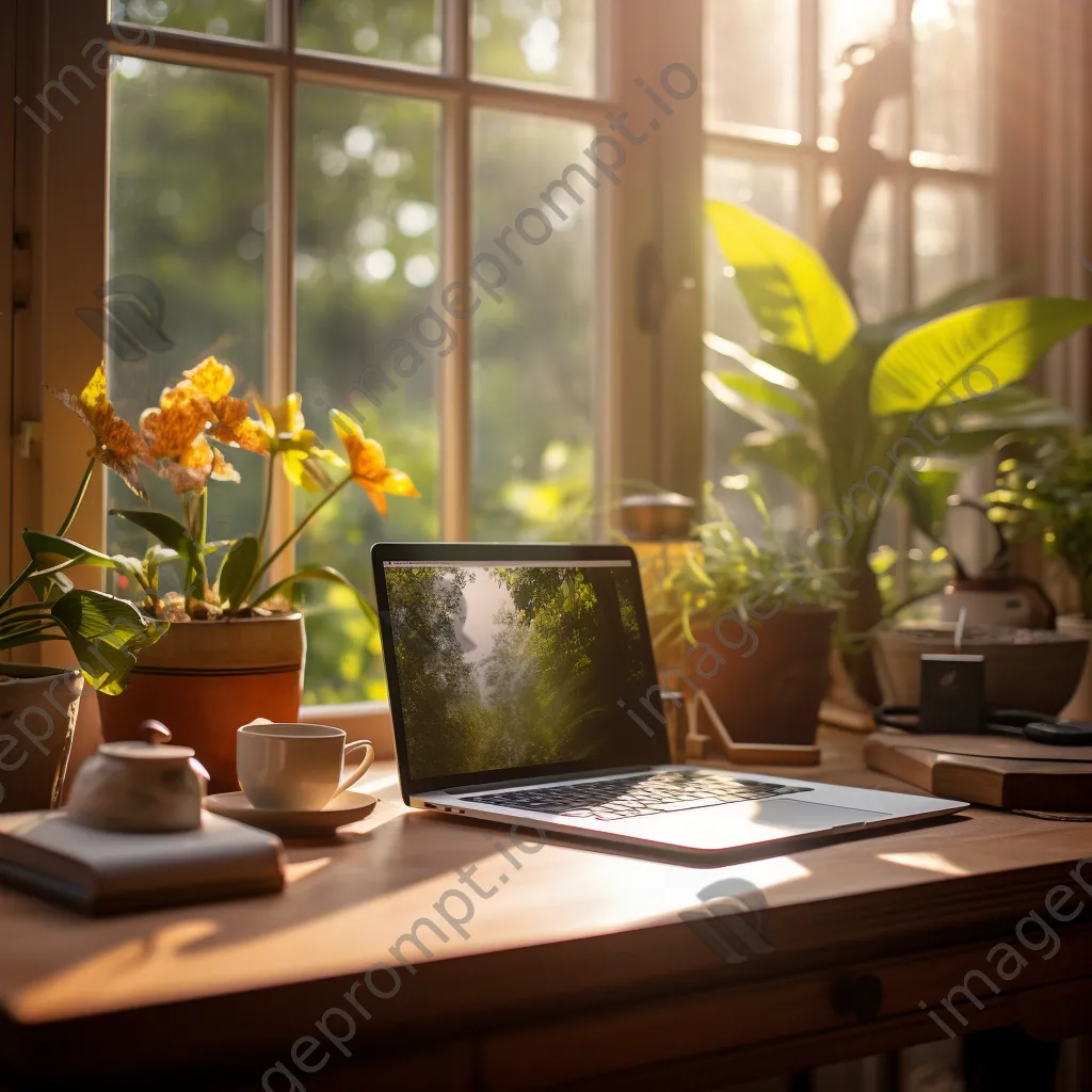 Inviting desk setup with laptop and plants - Image 1