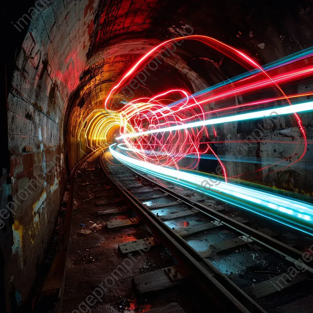 Vivid light trails in abandoned subway tunnel with streaks of colors - Image 1