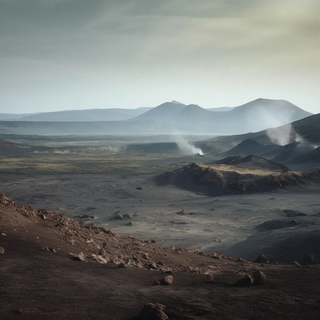 Aerial view of a volcanic landscape with a smoking crater and lava fields - Image 3