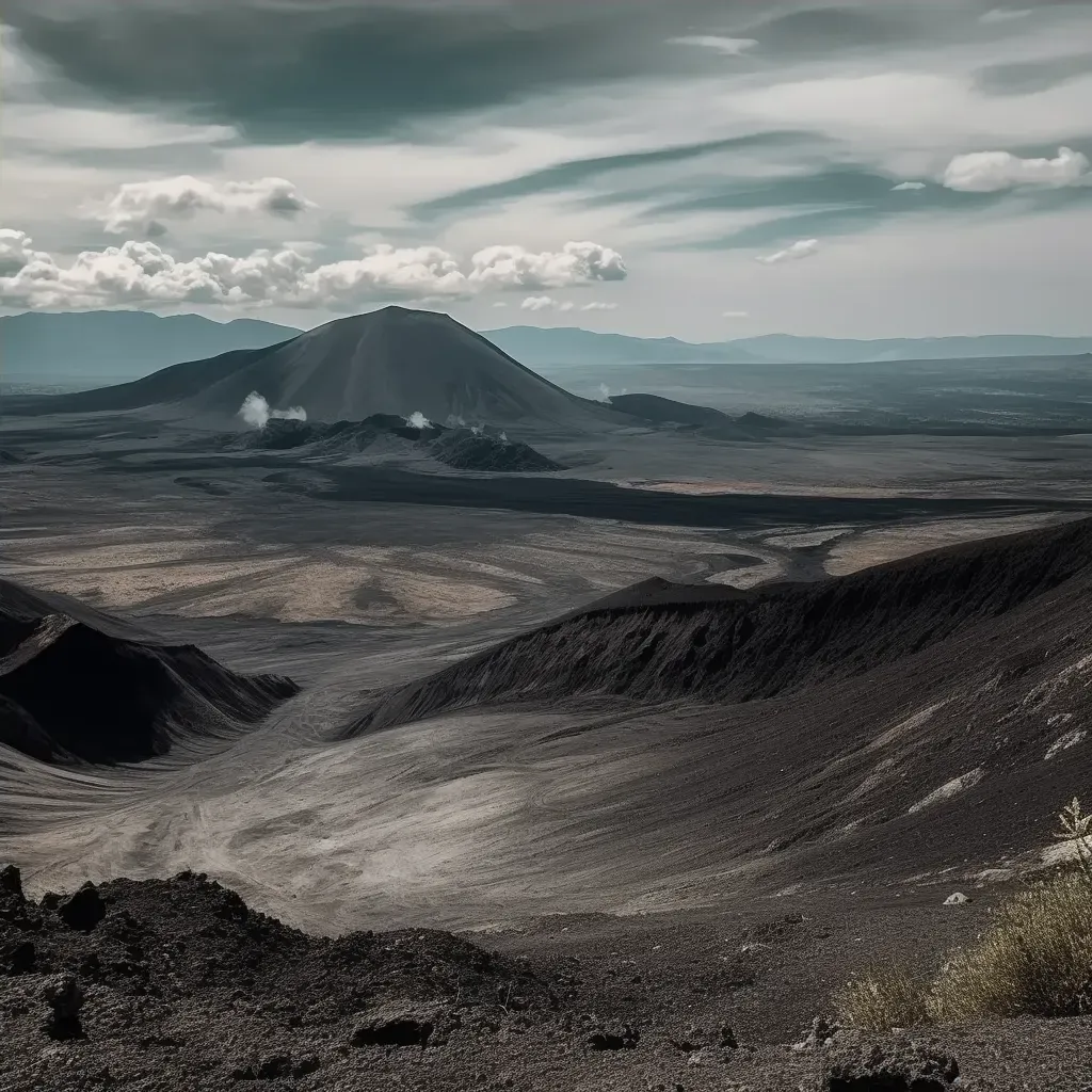 Aerial view of a volcanic landscape with a smoking crater and lava fields - Image 4