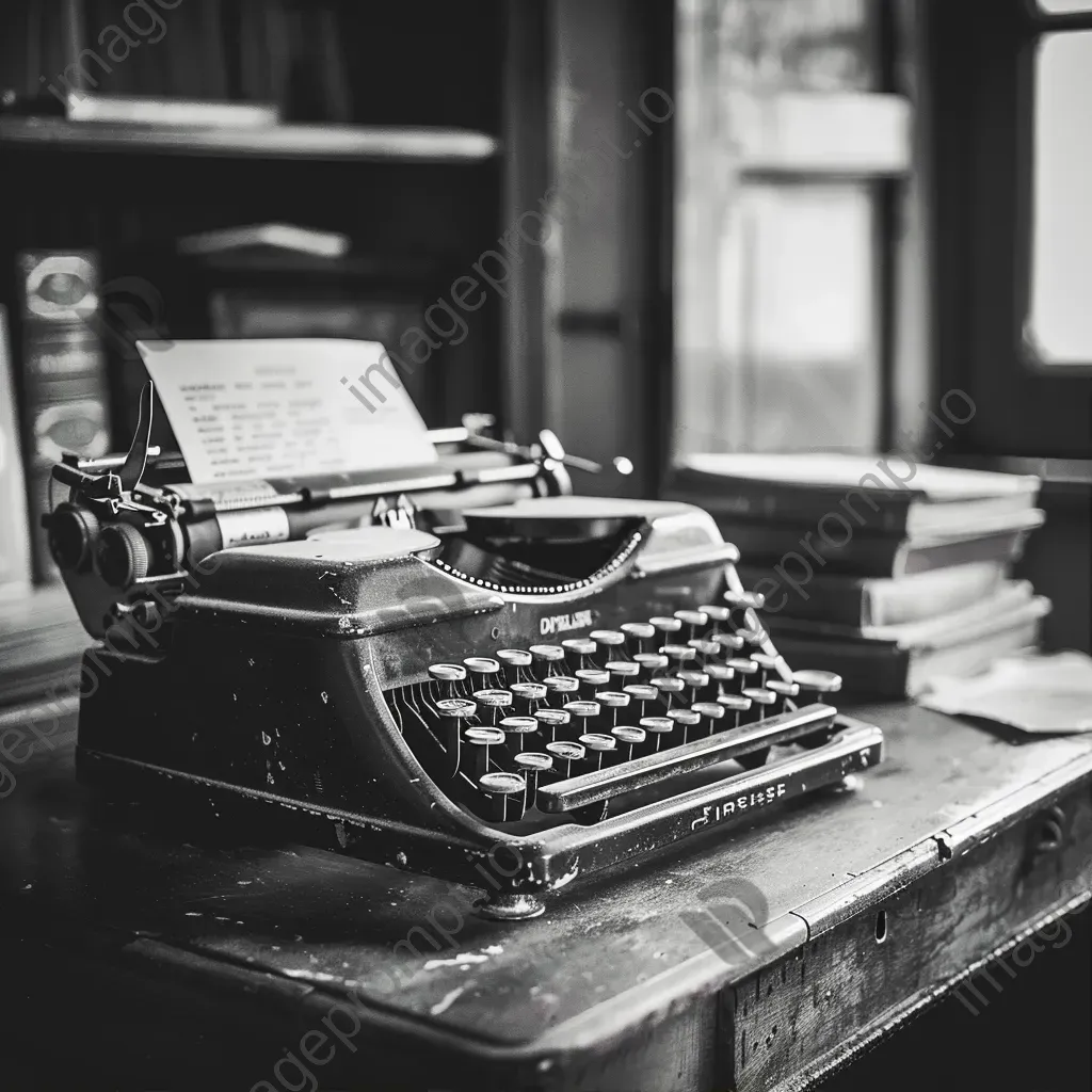 Black and white vintage typewriter on wooden desk - Image 1