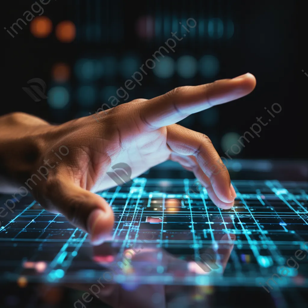 Close-up of a hand interacting with a holographic grid interface in low-light conditions, photographed with a Nikon Z7 II. - Image 1