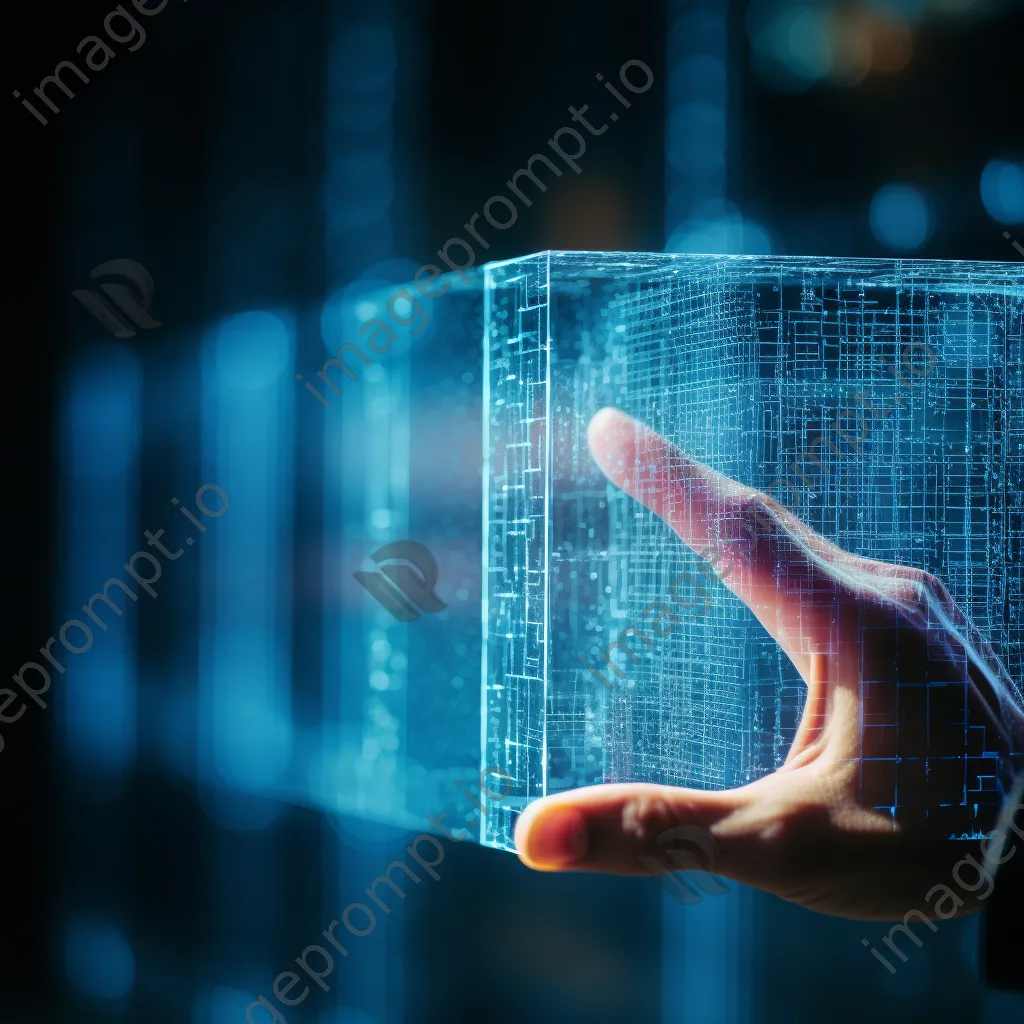 Close-up of a hand interacting with a holographic grid interface in low-light conditions, photographed with a Nikon Z7 II. - Image 2