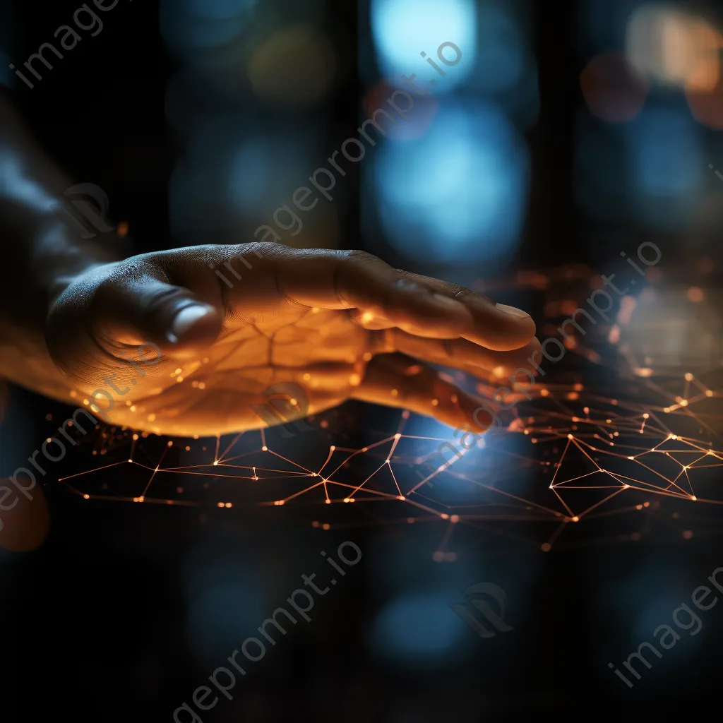 Close-up of a hand interacting with a holographic grid interface in low-light conditions, photographed with a Nikon Z7 II. - Image 3