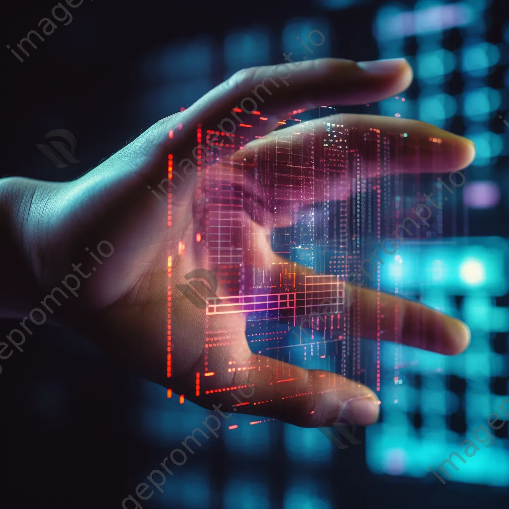 Close-up of a hand interacting with a holographic grid interface in low-light conditions, photographed with a Nikon Z7 II. - Image 4