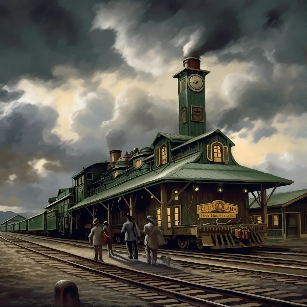 Vintage train station with old steam locomotive under cloudy sky - Image 1