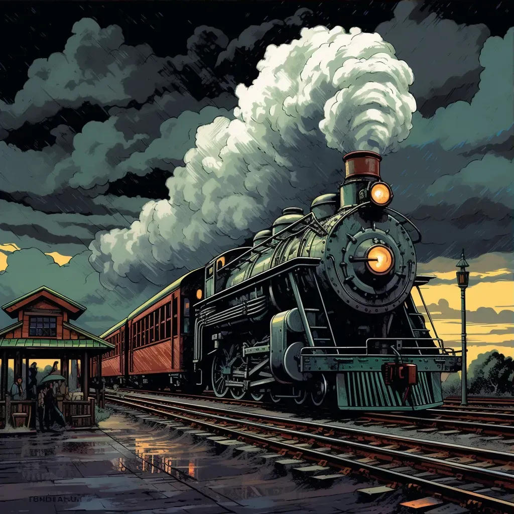 Vintage train station with old steam locomotive under cloudy sky - Image 3