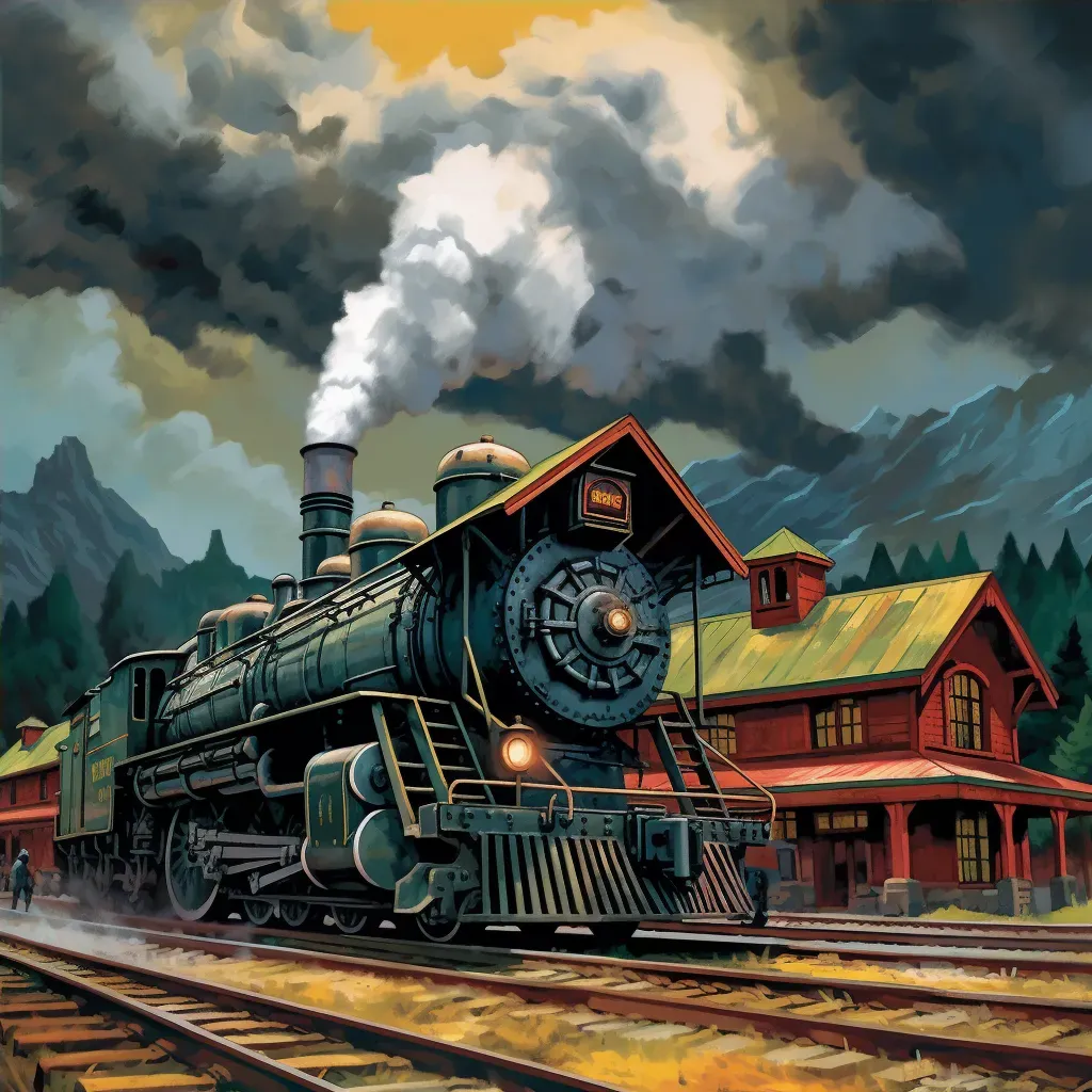 Vintage train station with old steam locomotive under cloudy sky - Image 4